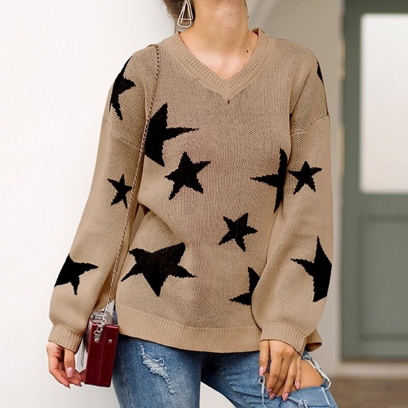 Beige Star Printed Knit Pullover Sweater - Picture 3 of 5